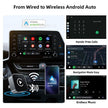 Wireless Android Auto adapter in a car dashboard with smartphone and screen displaying app icons.
