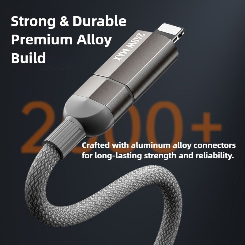 Metallic cable with connectors on a dark background, emphasizing durability and strength.