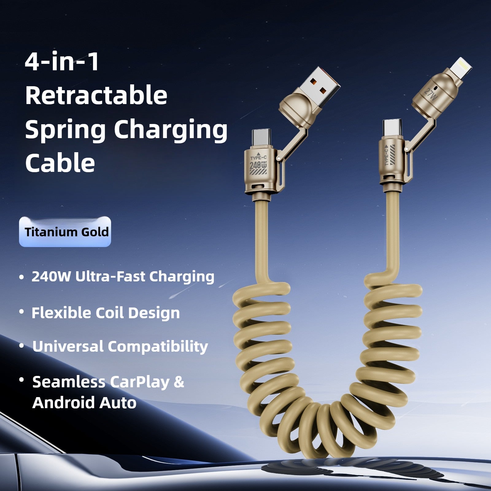 4-in-1 retractable spring charging cable with multiple connectors on a car dashboard.
