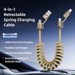 4-in-1 retractable spring charging cable with multiple connectors on a car dashboard.