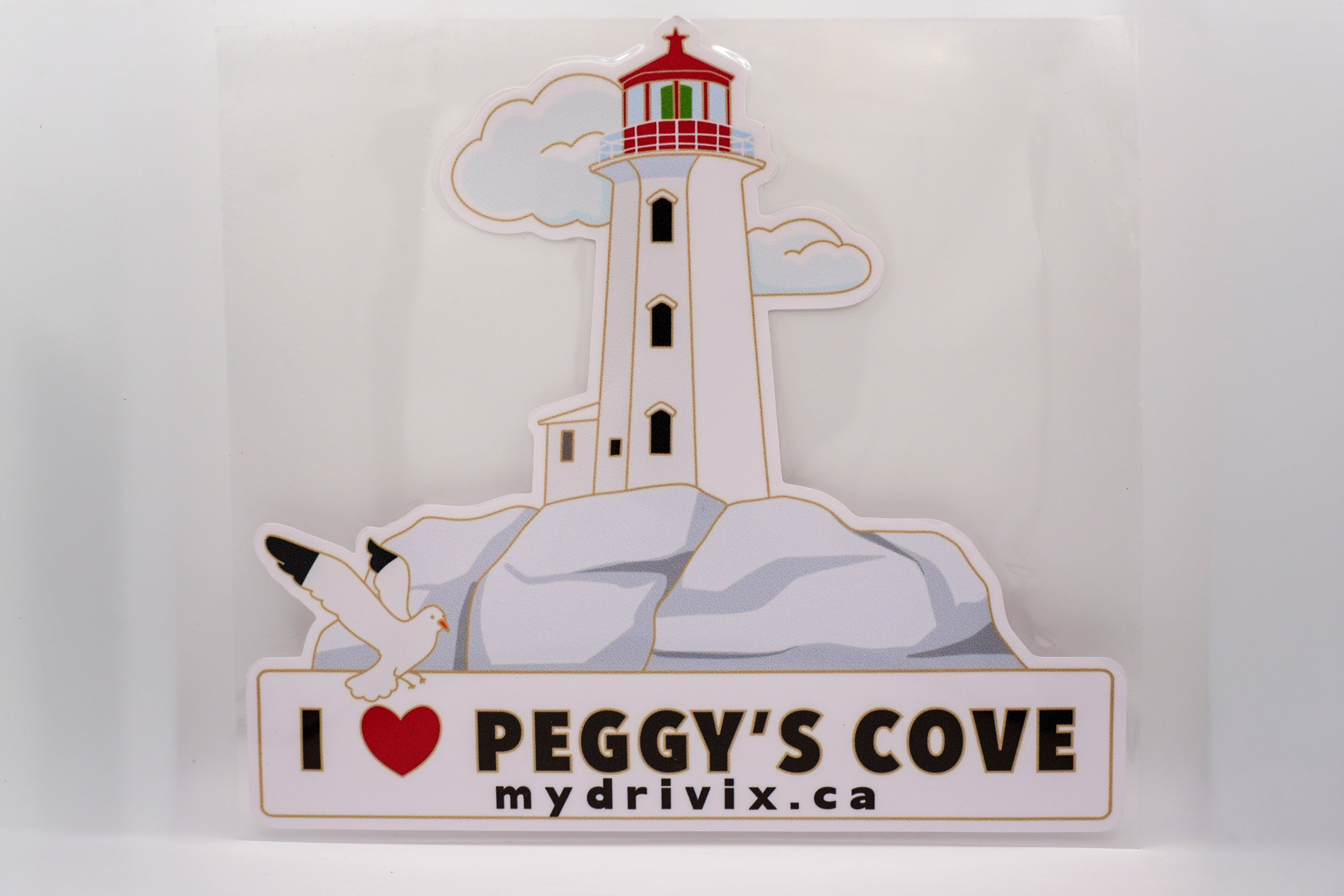 Sticker of a lighthouse with 'I ❤️ Peggy's Cove' text on a white background