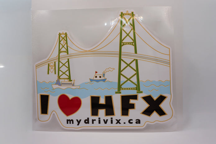 Sticker with a bridge design and 'I ❤️ HFX' text on a white background