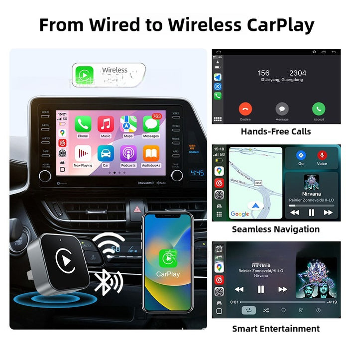 Car infotainment system with smartphone and wireless CarPlay display, highlighting features like hands-free calls and seamless navigation.