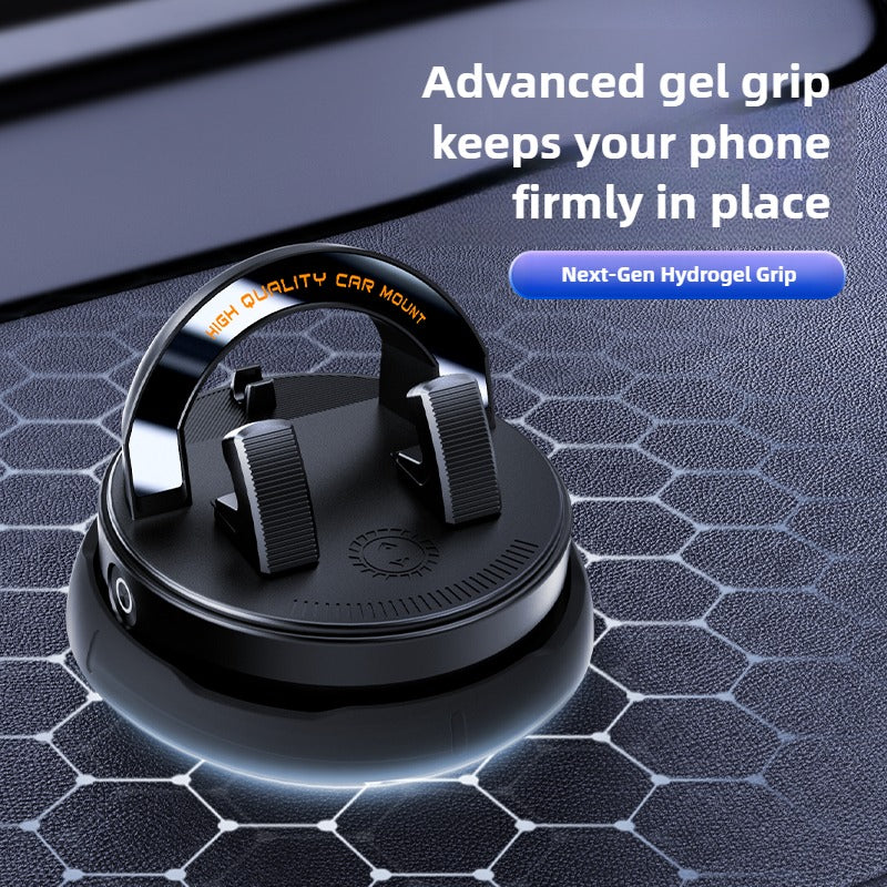 Black car phone mount with text on a textured black surface