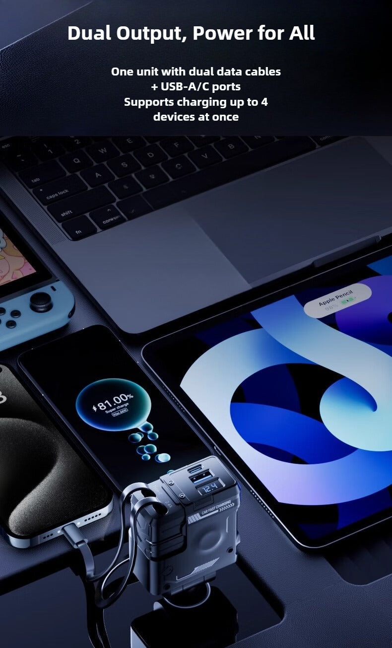 Multi-device charging station with dual output ports and data cables on a dark surface.