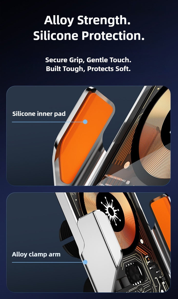Product with silicone inner pad and alloy clamp arm on a dark background, emphasizing strength and protection.