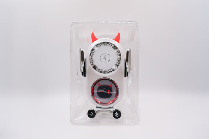 Gadgets with red accents and a power symbol on a white background