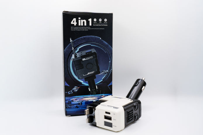 4-in-1 travel adapter with packaging on a white background