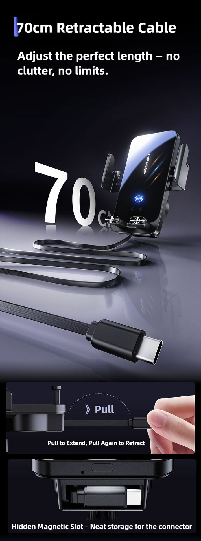 70cm retractable cable with magnetic connector on a dark background