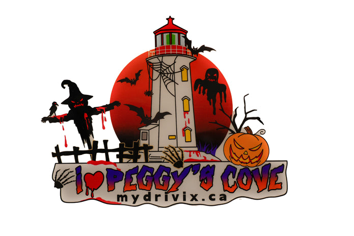 Halloween-themed logo with a lighthouse, pumpkins, and text 'I ❤️ Peggy's Cove' on a white background.