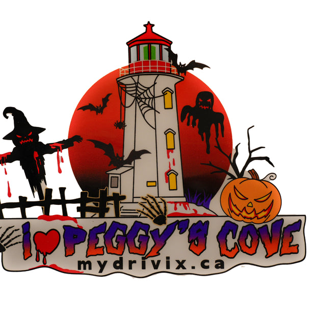 Halloween-themed logo with a lighthouse, pumpkins, and text 'I ❤️ Peggy's Cove' on a white background.