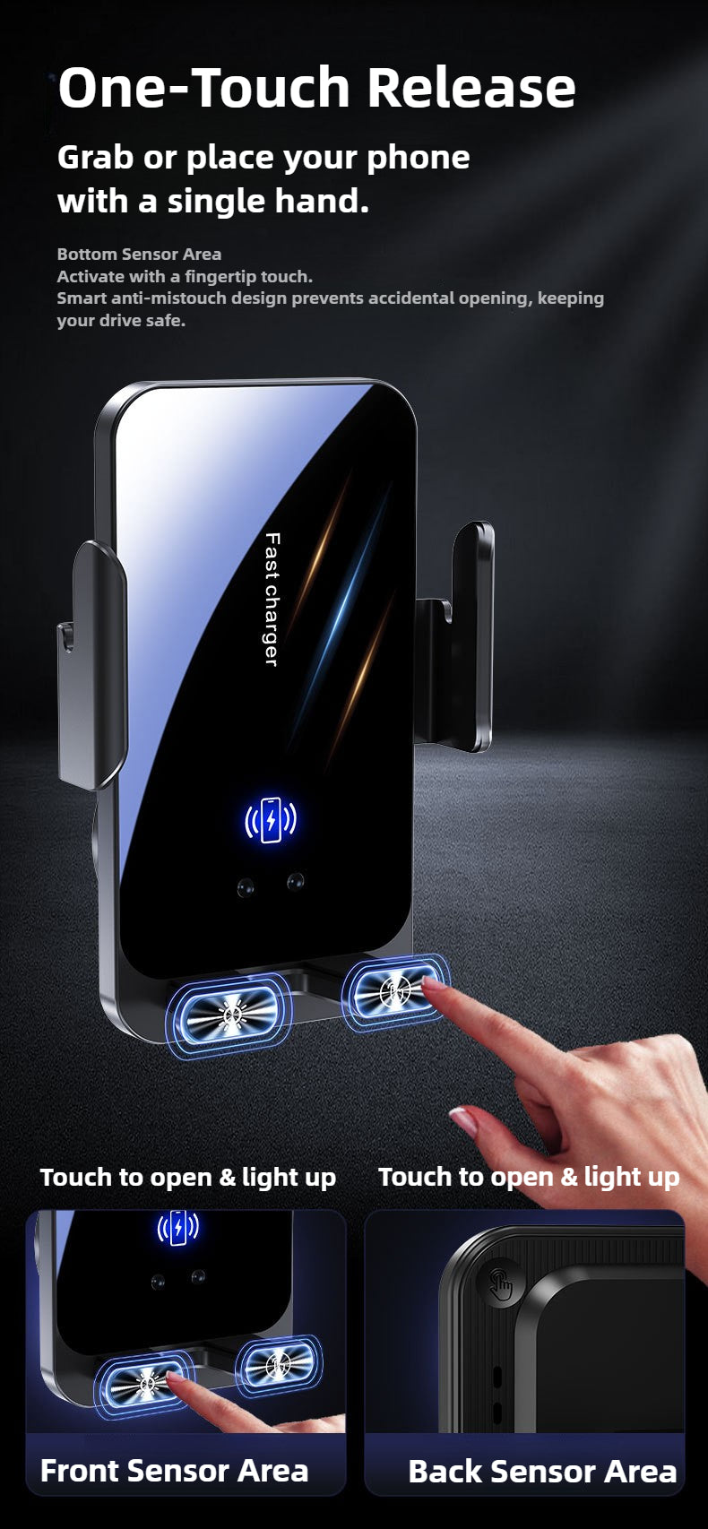 Smart phone holder with one-touch release feature on a dark background