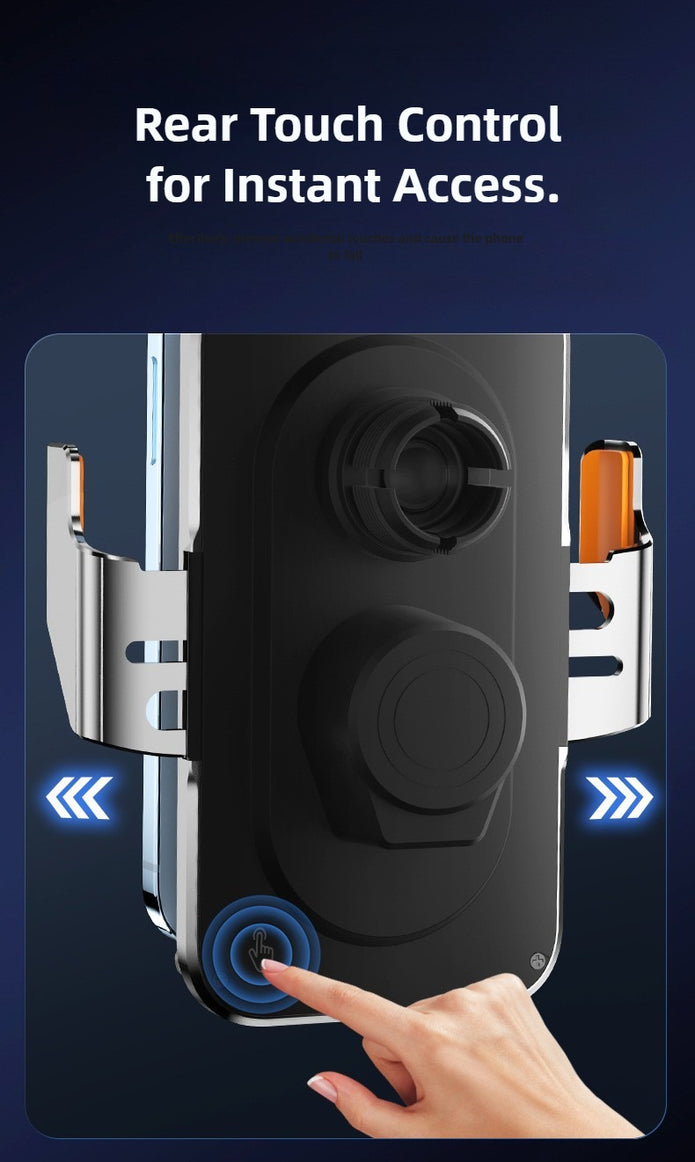 Rear touch control panel with hand pointing to it on a dark background