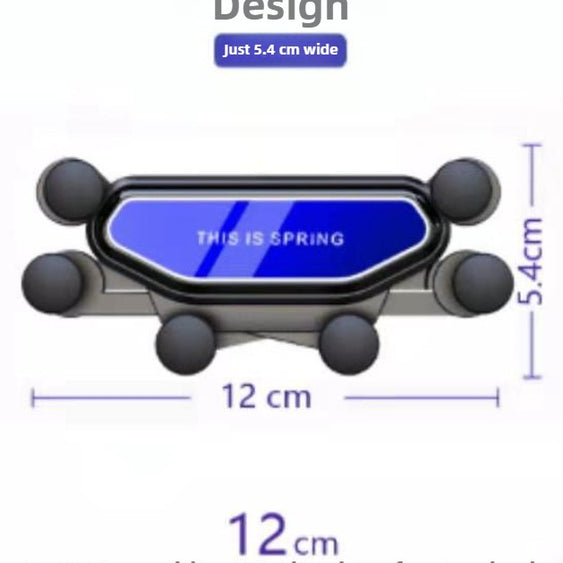 Compact car holder with dimensions and text on a white background