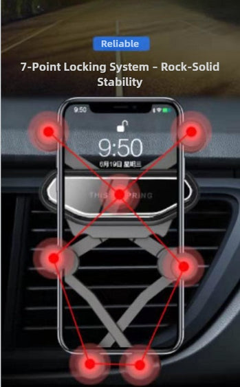Phone holder with 7-point locking system on a car vent background