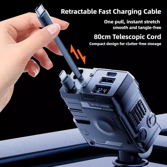 Retractable fast charging cable being used with a power station on a car dashboard.