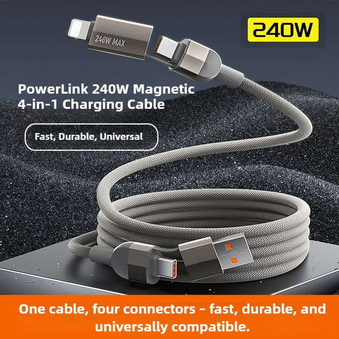 PowerLink 240W Magnetic 4-in-1 Charging Cable with connectors on a dark background