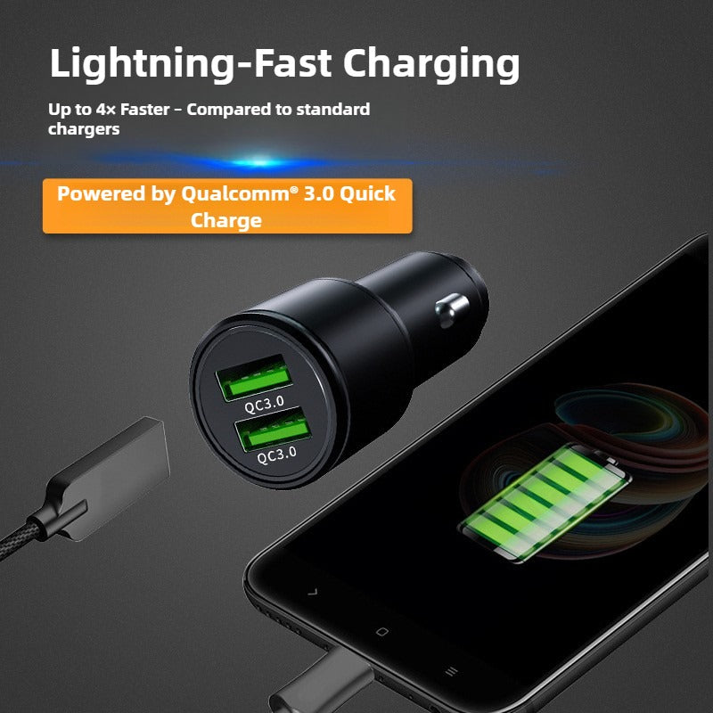 Car charger with two USB ports charging a smartphone, featuring Qualcomm 3.0 Quick Charge technology.