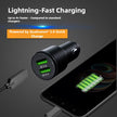 Car charger with two USB ports charging a smartphone, featuring Qualcomm 3.0 Quick Charge technology.