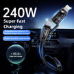 Car charger with multiple ports on a dark background, highlighting 240W super fast charging capability.