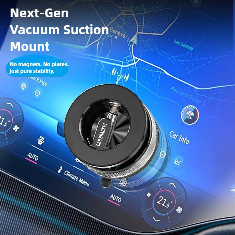 Car phone mount on a car dashboard with a futuristic interface background
