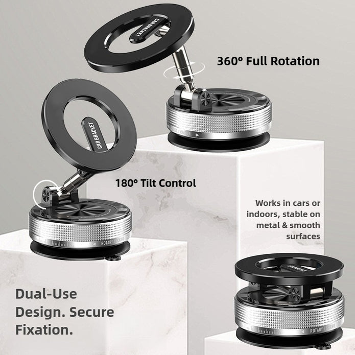 Phone holder with 360-degree rotation and 180-degree tilt control on a light gray background.