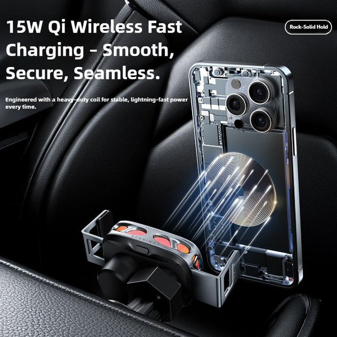 Car phone holder with wireless charging feature on a car dashboard