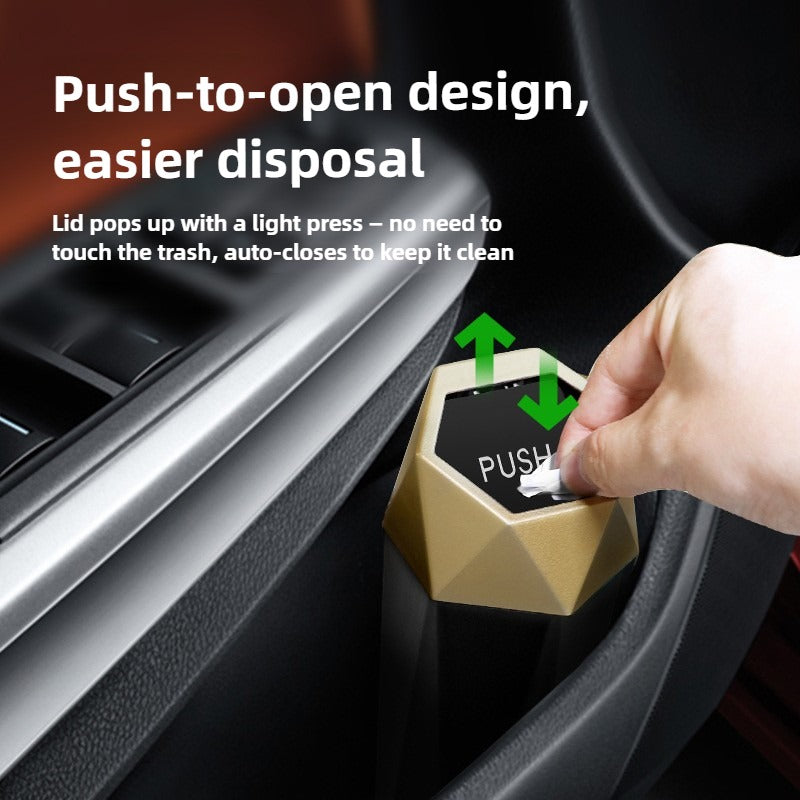 Push-to-open trash can with lid popping up in a car's cup holder.