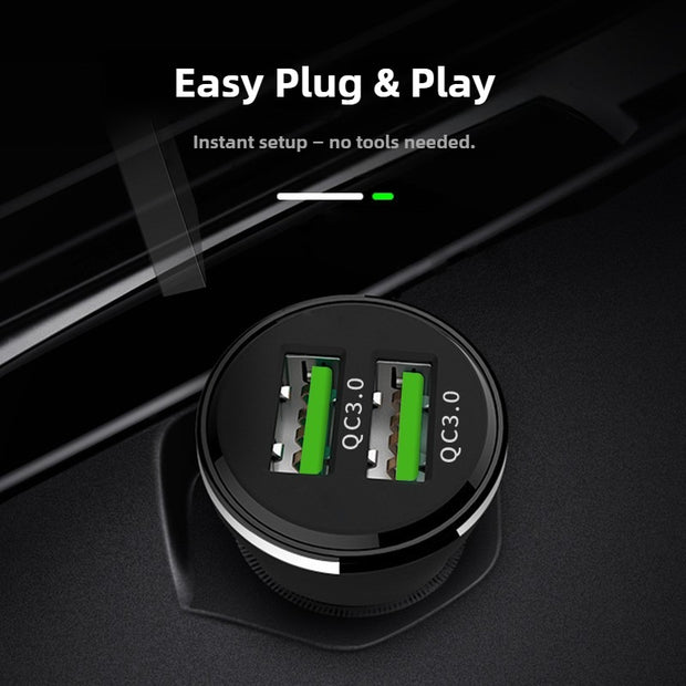 Car charger with dual USB ports labeled QC3.0 on a dark background