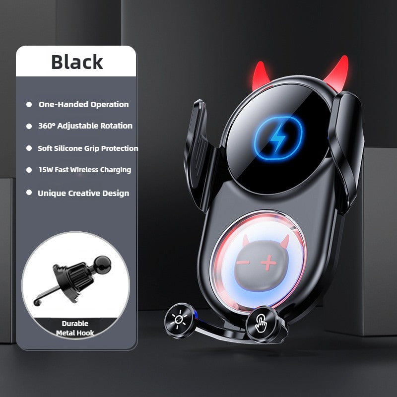 Black phone holder with red accents and charging features on a dark background