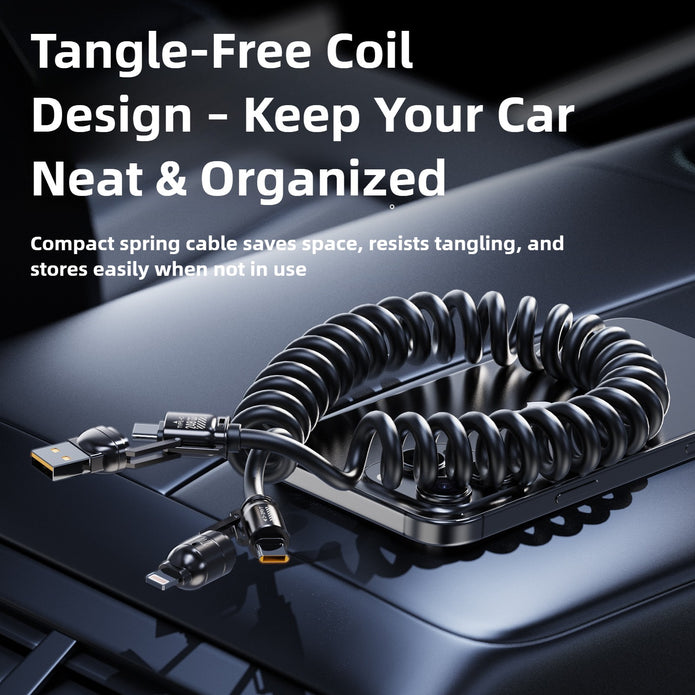 Tangle-free coil cable on a car dashboard with text highlighting its benefits.