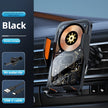 Car phone holder with wireless charging feature, air outlet clip, and USB-C cable on a car interior background.