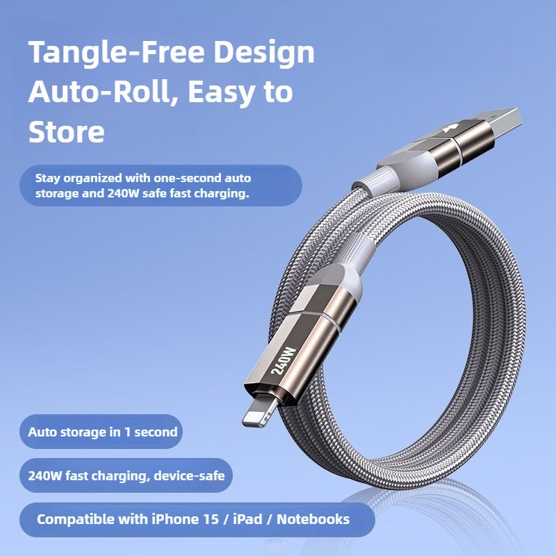 Tangle-free charging cable with auto-rollover feature on a blue background