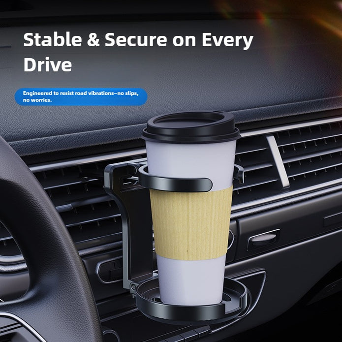 Car cup holder with a wooden mug on a car dashboard, emphasizing stability and security.