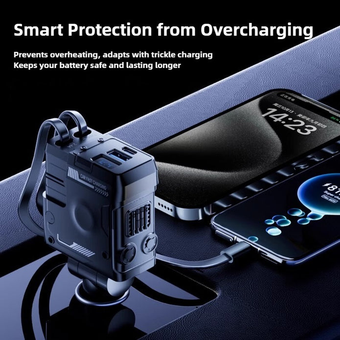 Smart charging device with smartphone on a reflective surface, highlighting overcharging protection features.