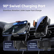 Car phone holder with 90-degree swivel charging port and seamless rotation feature.