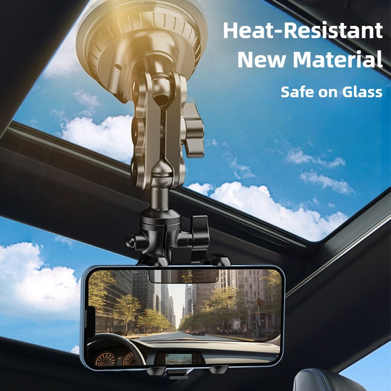 Car rearview mirror with heat-resistant new material safety feature, showing clear view of cityscape.