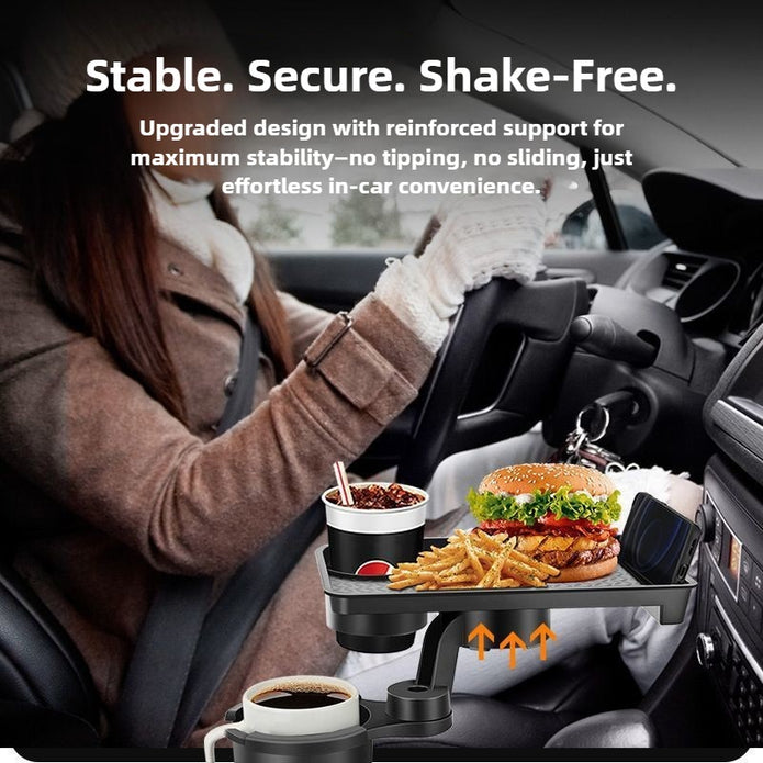 Person in a car with a tray holding a burger, fries, and a drink, with text about the tray's stability and security.