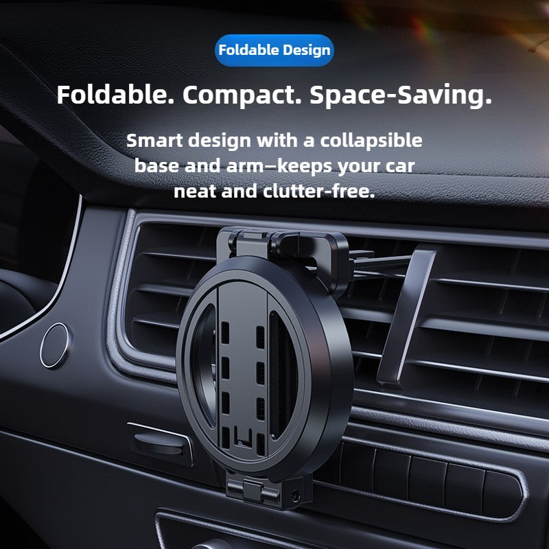 Car phone holder with text highlighting foldable, compact, space-saving design on a car dashboard.