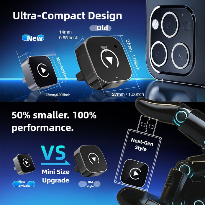 Comparison of ultra-compact design with new and old models, highlighting size reduction and performance.