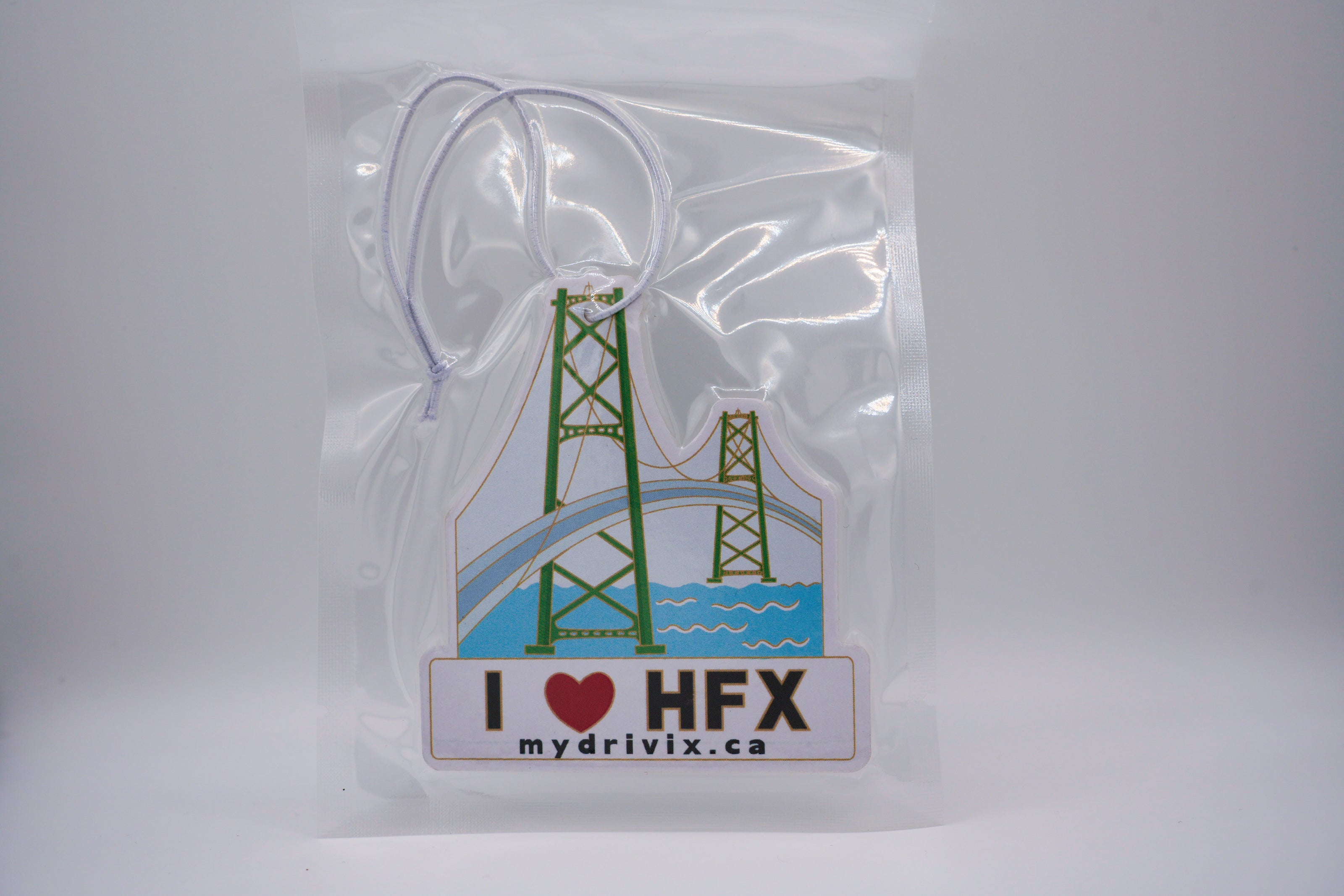 Sticker with a bridge design and 'I ❤️ HFX' text on a clear background