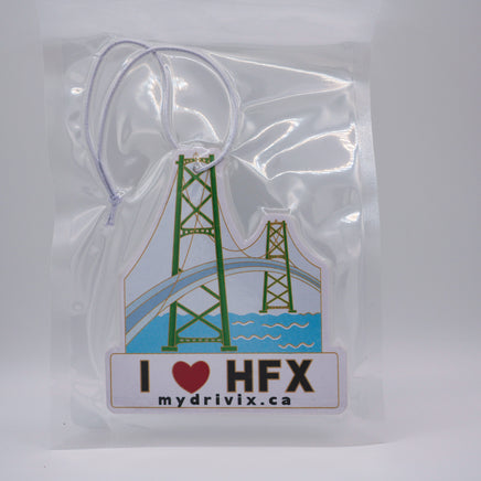 Sticker with a bridge design and 'I ❤️ HFX' text on a clear background