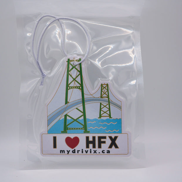Sticker with a bridge design and 'I ❤️ HFX' text on a clear background
