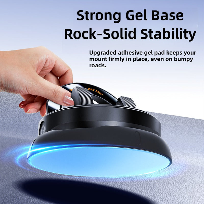 Hand holding a black device with blue light, featuring text about strong gel base stability.