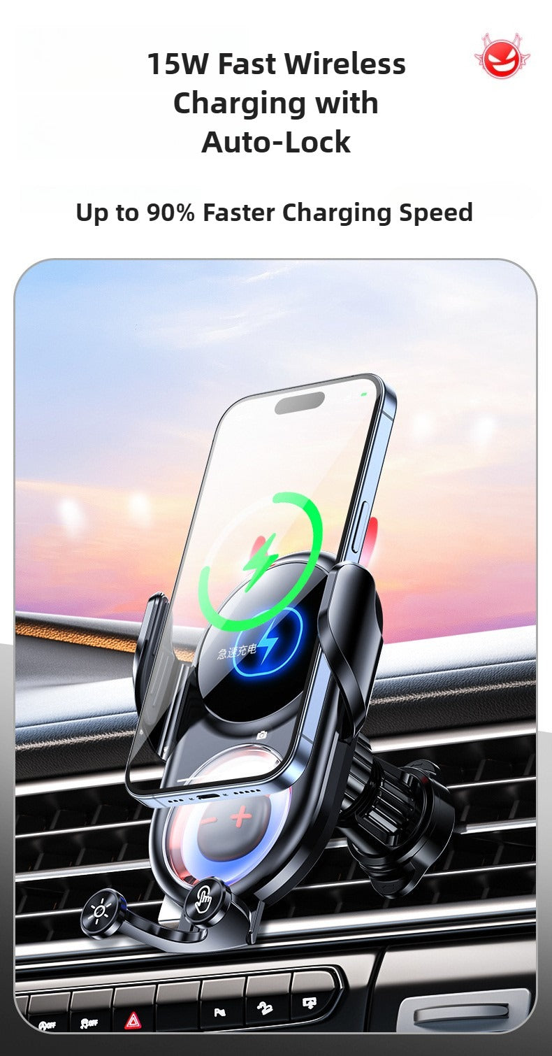 Wireless charging car mount with auto-lock feature in a car interior setting