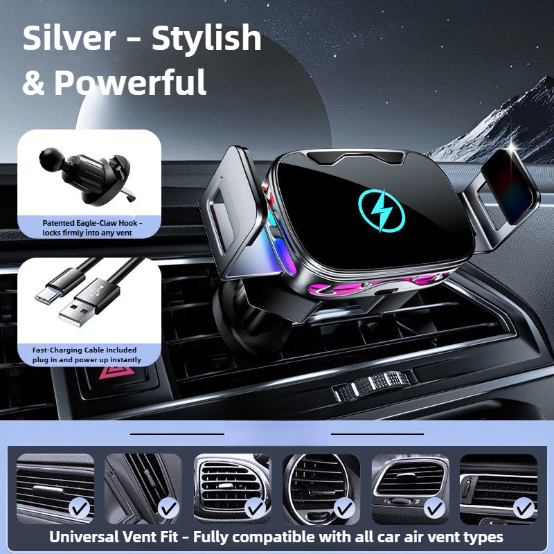 Car air vent mount with charging cable on a car dashboard, featuring text about its features.