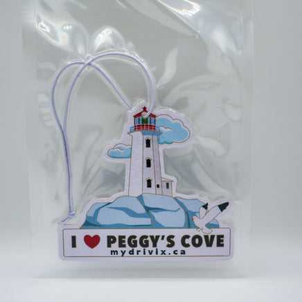 Lighthouse-themed car air freshener with 'I ❤️ Peggy's Cove' text on a white background