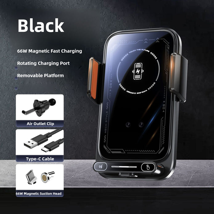 Black phone holder with charging features on a dark background