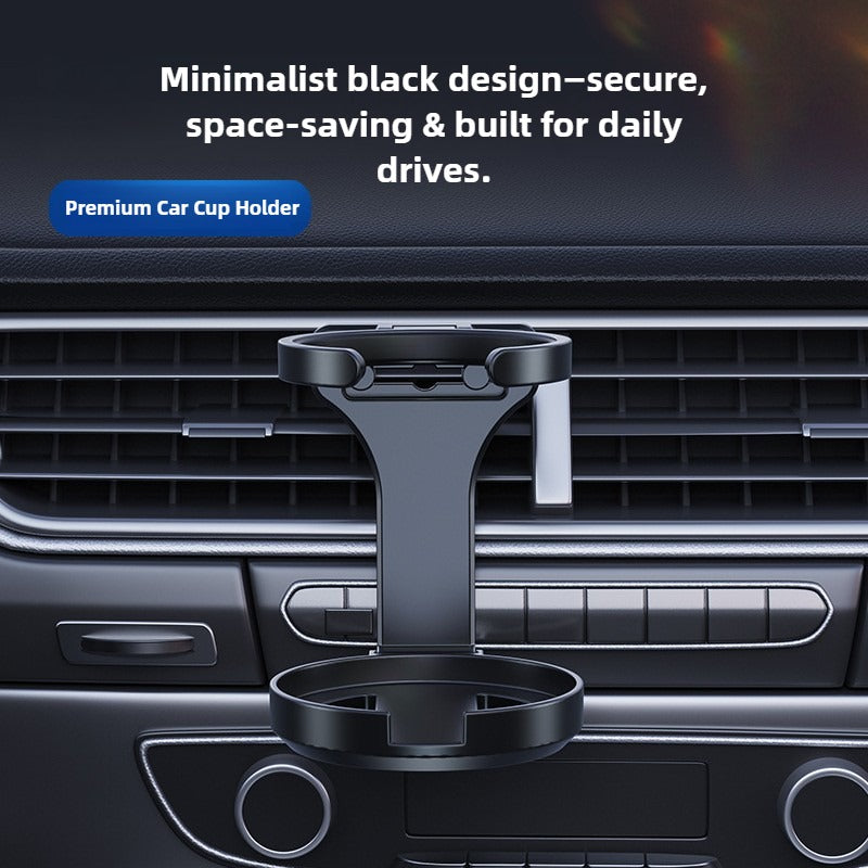 Black car cup holder with text on a car interior background