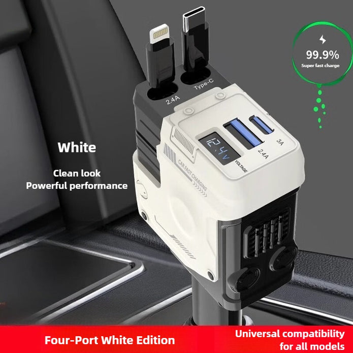 White four-port USB charger with digital display on a gray background